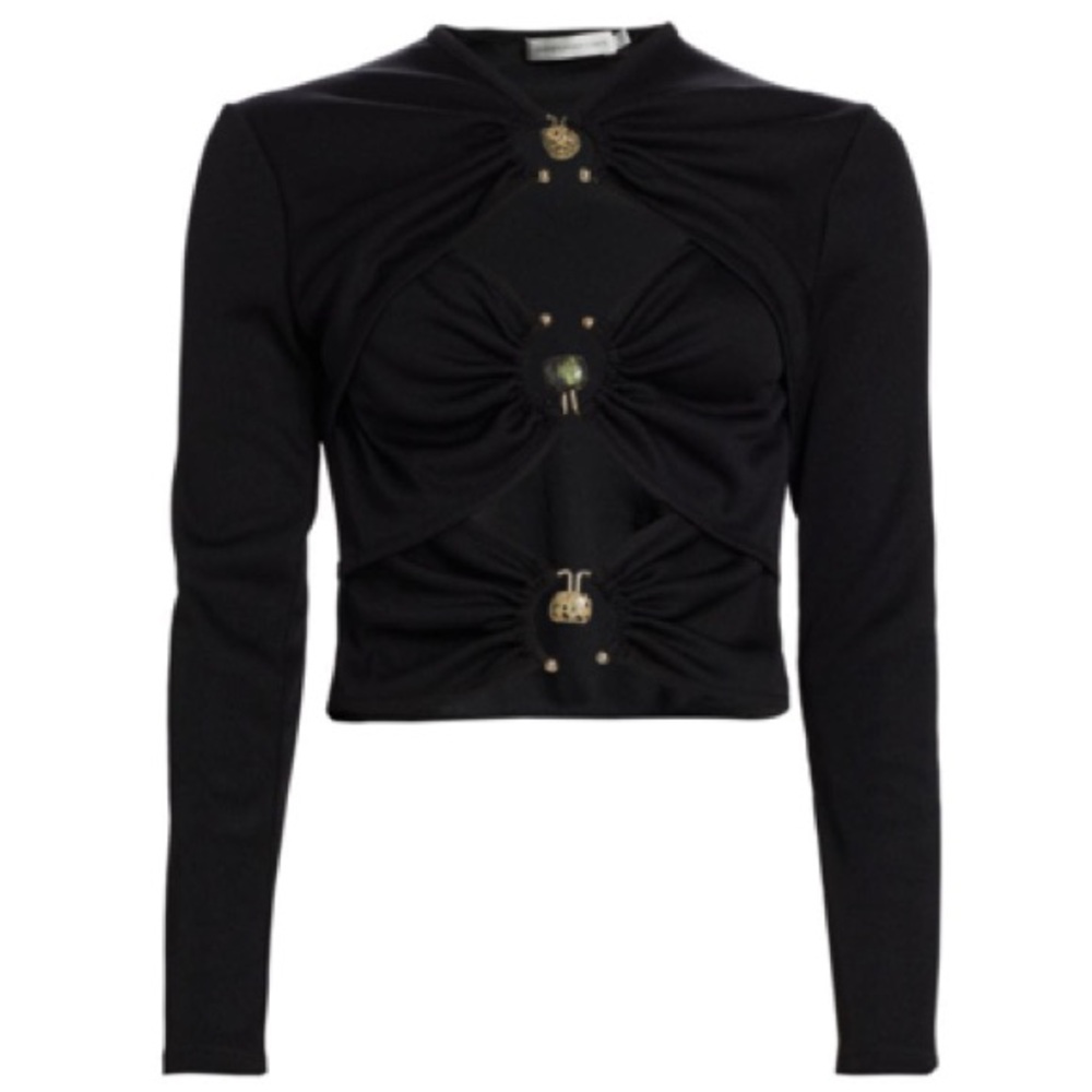 BRAND NEW CHRISTOPHER ESBER EMBELLISHED CUT-OUT STRETCH-JERSEY TOP IN BLACK